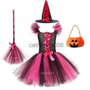 Occasions spéciales 2023 Déguisement de sorcière pour filles Halloween Tutu Robe au genou avec chapeau Balai Collants Enfants Carnaval Cosplay Party Outfit Set x1004