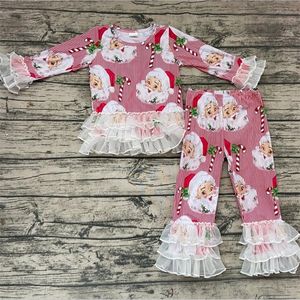 Occasions spéciales en gros Noël Santa enfants vêtements à manches longues dentelle volants pantalons bébé tenues enfants ensembles fille vêtements 220830