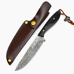 Oferta especial C9272 Cuchillo recto de supervivencia 5Cr13Mov Patrón láser Hoja de punto de caída Mango de madera de espiga completa Cuchillos de caza de hoja fija con funda de cuero