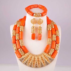 Espléndido collar de cuentas de coral naranja nigeria conjunto de joyería africana conjuntos de joyería de boda nupcial C21-23-01 H1022