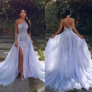 Vestidos de fiesta de sirena divididos, un hombro, correas cruzadas, apliques de cuentas, vestidos de fiesta de tul, tren de barrido, vestido especial Ocn