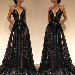 Robe de bal noire Sexy, fendue sur le côté, col licou, ligne A, dentelle complète, paillettes, dos nu, robes de soirée de styliste, BC0229, 2020