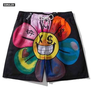 Parodia flor graffiti cara sonriente gráfico playa pantalones hombres street hip-hop high shorts surf deportes baloncesto 210806