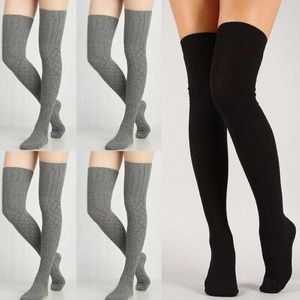 Calcetines deportivos Mujer Invierno Algodón Grueso Crochet Cable Knit Sobre la rodilla Bota larga Lana Caliente Muslo Medias altas Pantimedias Negro