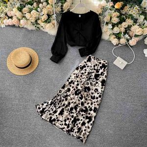 Traje de falda de oficina elegante de moda de primavera y verano para mujer, camisa de satén, conjuntos de dos piezas de negocios de leopardo Vintage 210514