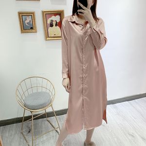 Spring Automne Vintage Rose Satin Shirt Robe Femme Femme Robe Lâche Dames à manches longues élégantes Robes Maxi Vestidos 210514