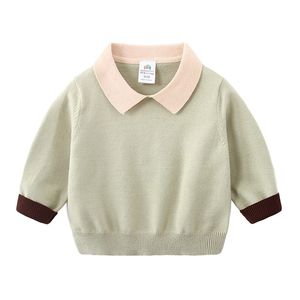 Printemps Automne Hiver 2 3-10 Ans Tricoté Solide Couleur Patchwork École Étudiant Col Rabattu Chandails Pour Bébé Enfants Garçons 210414