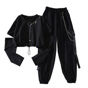 Spring Autumn Women Harajuku Cargo Pants Handsome Cool Two-piece Suit Chain Long Sleeve+Ribbon 211115