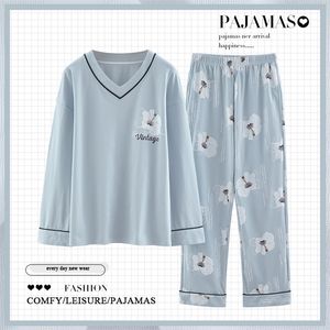 Primavera otoño mujer Sleep Lounge Floral pijama de manga larga mujer conjunto dibujos animados pijamas algodón ropa de dormir M-3XL moda 220329
