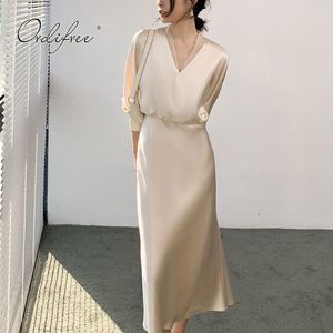 Primavera otoño mujer seda satén manga larga túnica elegante Sginy fiesta Midi vestido 210415