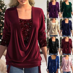Spring Beaded Contrast Color Long sleeved Women's Large Drop Neck Loose Drawn Pleated Fake Two Piece Top