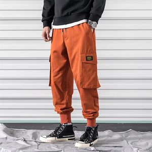 Pantalones de carga de primavera Hombres Algodón Cómodo Joggers Pantalones Naranja Negro Muchos bolsillos Pantalones Tobillo Banda Hombre Pantalones casuales A913 201217