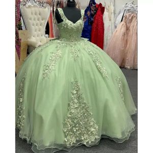 Printemps vert robe de bal Quinceanera robes avec D appliques florales bretelles en dentelle longueur de plancher sur mesure douce fête d'anniversaire bal Pageant robes