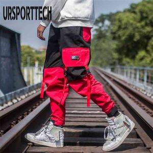 Spring Hip Hop Red Mens Joggers Pantalones Moda Casual Hombre Harem Cargo Multi-bolsillo Cintas Hombre Pantalones de chándal Streetwear 210715