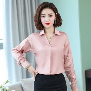Printemps coréen mode soie femmes blouses satin solide s hauts et plus taille xxxl rose chemises à manches longues 210531