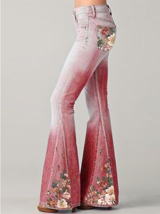 Primavera Nueva Moda Jeans Gradiente Estampado de flores Imitación Denim Bell Bottoms Mujeres Cintura alta Pantalones largos Tallas grandes Pantalones de mujer H0908