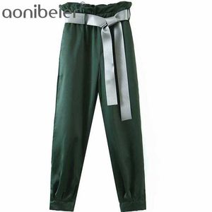 Printemps été décontracté femmes pantalons longs vert mode bourgeon élastique taille haute Harem pantalon femme bas avec ceinture 210604