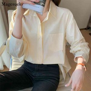Primavera Verano algodón Tops camisa manga larga amarillo blanco mujer Turn-down Collar suelta sólida mujer blusa s 12861 210512