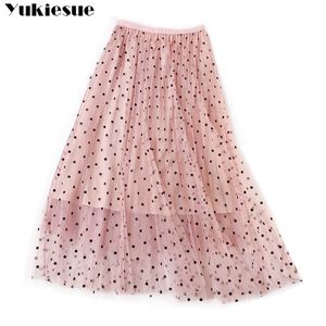 Printemps été jupe en tulle imprimé à pois femmes jupe tutu brillante plissée A-ligne maille midi femme longue élégante solide 210608