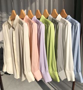 Primavera Verano Lavanda Color sólido Blusa de seda Camisa de manga larga Botones de cuello de solapa Camisas superiores de un solo pecho H3F27JYDQ