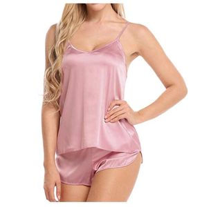 Ropa de dormir para mujer, pijama sexy de seda de imitación para primavera y verano, traje con cuello de pico y cuello halter de encaje, pantalones cortos sin mangas para el hogar para mujer