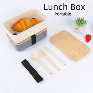 Boîte à lunch carrée Boîtes à bento à salade Boîte de rangement de fruits pour récipient alimentaire portable à micro-ondes pour étudiant de bureau avec couvercle en bois