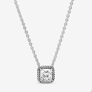 Square Sparkle Halo Collar para Pandora Auténtica cadena de plata esterlina Collares joyería de diseñador para mujer Crystal Diamond Wedding necklace con caja original