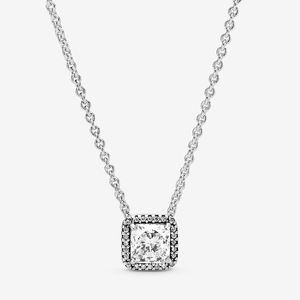 Square Sparkle Halo Necklace Real Sterling Silver para Pandora CZ Diamond Wedding designer Joyas para mujeres Novia Gift Link Collares con caja original Set