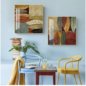 Cuadro de arte de pared cuadrado para sala de estar, pintura en lienzo de hojas coloridas abstractas HD, estampado de plantas de Retro verde, decoración de moda Woo
