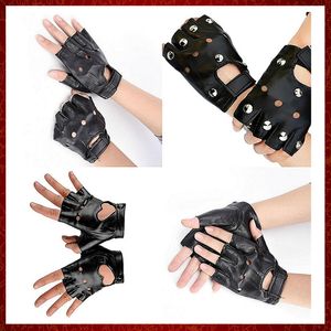 ST441 1 Pair Punk Hip-hop PU Black Half-finger Leather Gloves Square Nail Fashion Hand Warmer Winter Gloves Warm Fingerless