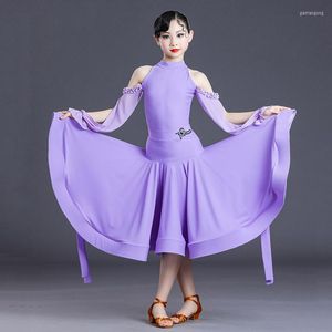 Stage Wear 2023 robe de concours de danse de salon pour filles violet manches longues haut jupes Costumes latins modernes SL4709