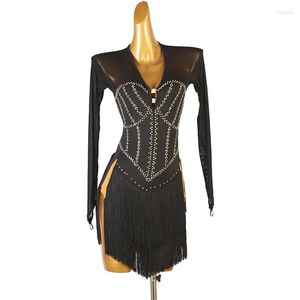 Stage Wear 2023 Black Latin Dance Competition Costume Ball Practice Line Suit Short Skirt Cabaret Plus Size Women Clothing Dress Tasse
