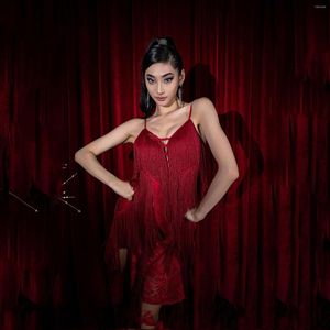Stage Wear 2023 robe rouge danse latine pour femmes sans manches Tango Rumba Flamengo Costume de salle de bal