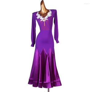 Ropa de escenario para adultos, vestidos de baile de competición de salón, falda de manga larga morada para mujer, vestido de baile de vals de Tango para mujer