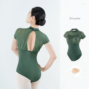 Stage Wear Ballet Danse Vêtements Pour Femmes Élégant Gymnastique Body Fille Artistique Patinage Haut À Manches Courtes Avec Coussin De Poitrine Amovible Sexe