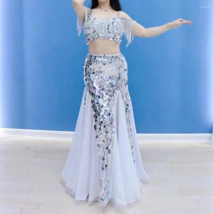 Stage Wear Belly Dance Silver Robe Performance Costume Oriental Big Swing Jupe Diamant Gland Paillettes Scintillantes