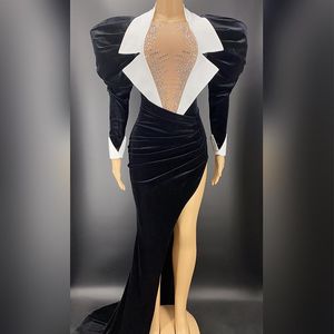 Stage Wear Black Puff Sleeve Body Long Tail Velvet Dress Anniversaire Célébrer Danse Outfit Femmes Discothèque Bar Drag Queen DN9804Stage