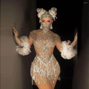 Stage Wear Célébrer Outfit Discothèque Soirée Danse Sparkly Strass Paillettes Robe À Manches Courtes Bar Femmes Chanteur Costume