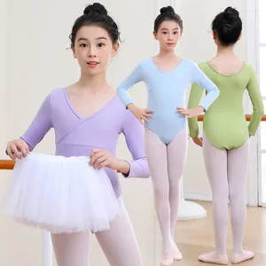 Etapa desgaste niño niña ballet leotardo con tutú falda de tul bailando trajes de baile de manga larga con cuello en v nylon niñas práctica ropa corea