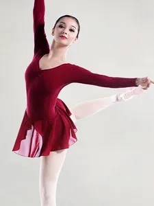 Stage Wear Robe de danse pour enfants Automne Manches longues Filles Ballet Petite formation Rose Fil ouvert en gros