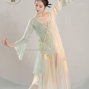 Vêtements de scène Costume de danse classique chinoise Robe de gaze pour femmes Robe à col en V Style chemisier Performance folklorique