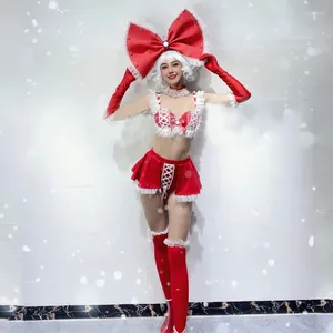 Stage Wear Costumes de Noël Femmes Red Bow Headwear Top Skrit Show Festival Outfit Discothèque Dj Gogo Pole Dance Vêtements XS5634