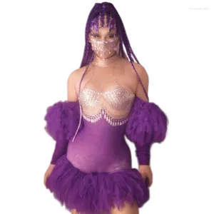 Etapa desgaste moda púrpura diamantes de imitación malla volantes tutú vestido de fiesta de noche mujeres traje de baile latino bodycon club prom