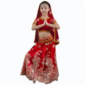 Desgaste de la etapa Niña Niños Traje de danza del vientre Conjunto Oriental Sari Bollywood Niños Gasa Traje de rendimiento