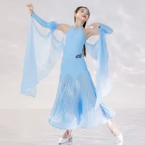 Stage Wear Filles Bleu Bal Danse Robes Hors Épaule Body Jupe Gants De Plumes Valse Tango Costume De Compétition VDB7855