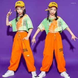 Desgaste de la etapa Hip Hop Girls Dance Costume Jazz Performance Clothes Crop Tops Orange Pants Street Ballroom Practice Rave BL8003