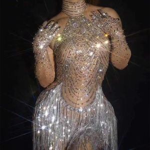 Desgaste de la etapa Diamantes incrustados Vestido de mujer Cristal con flecos Perspectiva Malla Baile latino Gogo Nightclub Show Disfraces Señoras OutfitStage