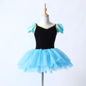 Stage Wear Kid Girls One-piece Puff Sleeve Dance Costume Blue Tutu Ballet Dress Pour Enfant Ballerine Performance / Compétition Dancewear