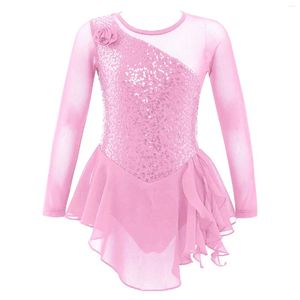 STAGE PEUT Kid Girls Sequins Gymnastics Leotard Robe Mesh manches longues Performance Ballet Dancewear Figure Ice Ice Skating Dance Costume
