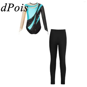 Stage Wear Enfants Filles Gymnastique Combinaison avec Leggings À Manches Longues Ballet Danse Justaucorps Dancewear Ensembles Enfant Strass Body De Patinage